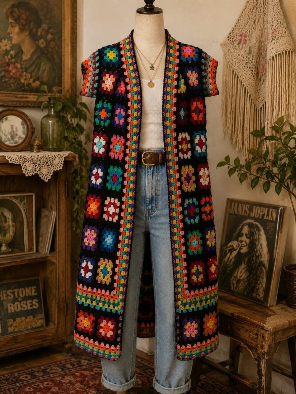 Multicolor Crochet Granny Square Duster Vest Boho Festival Longline Cardigan